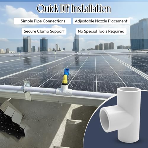 Image of Solar Panel Cleaning Kit with Sprinkler System | 30-Piece Set | 1 /2 Inch PVC Water Spray Nozzles, Tee Connectors & L-Type Clamps | Automatic Solar Panel Washing System