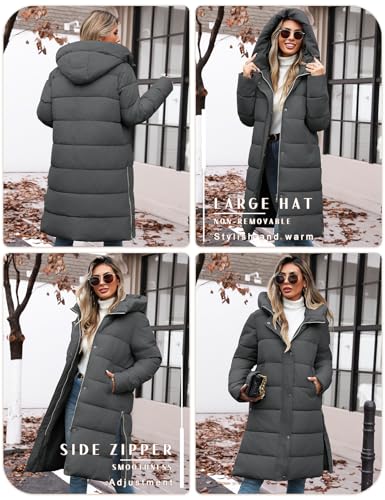 Tuopuda Wintermäntel Damen Lang Steppmantel Winter Daunenmantel Warm Jacke Mantel Daunenjacke Steppjacke mit Kapuze und Reißverschluss, Dunkelgrau, XL