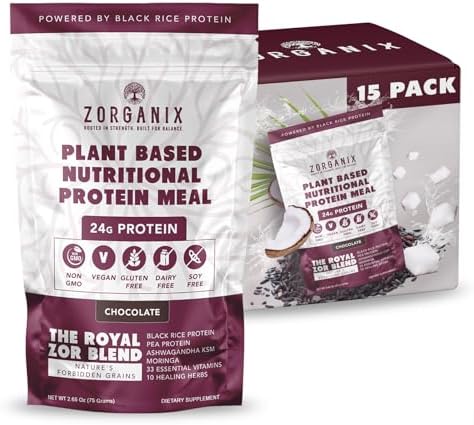 Black Rice Protein Powder; Plant Based Organic Protein Powder Meal Replacement Shake; 15 Single Serve Packs with 24g of Protein Per Serving; Vegan & Gluten Free; 2.32 Pounds (Chocolate)
