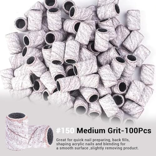 Image of MelodySusie 100 Pcs Nail Drill Bits Sanding Bands for Nail Drill 150 Medium Grit Nail File Sanding Bands for Acrylic Nails Gel Manicures and Pedicure