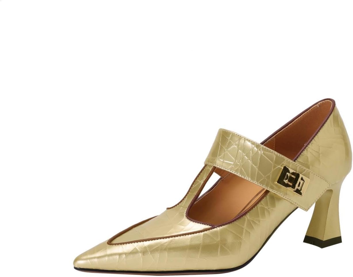 TinaCus Women's Genuine Leather Pointed Toe Crackled Printing Handmade Mary Jane Pumps