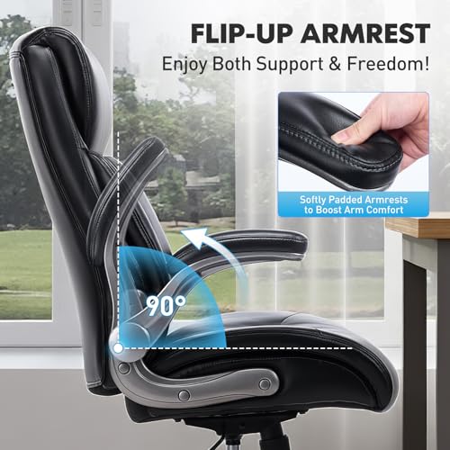 Image of Ergonomic PU Leather 300lbs Executive Office Chairs Set of 2, High-Back Home Computer Chair with Lumbar Support, Flip-Up Arms, Black