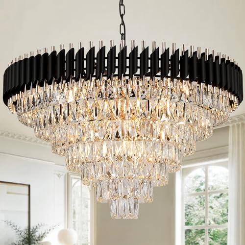 Image of Modern Black and Gold Crystal Chandelier 35 inch Large Light for High Ceiling