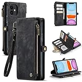 Defencase for iPhone 11 Case, iPhone 11 Wallet Case for Women Men, Durable PU Leather Magnetic Flip Lanyard Strap Wristlet Zipper Card Holder Wallet Phone Cases for iPhone 11 6.1-inch, Black