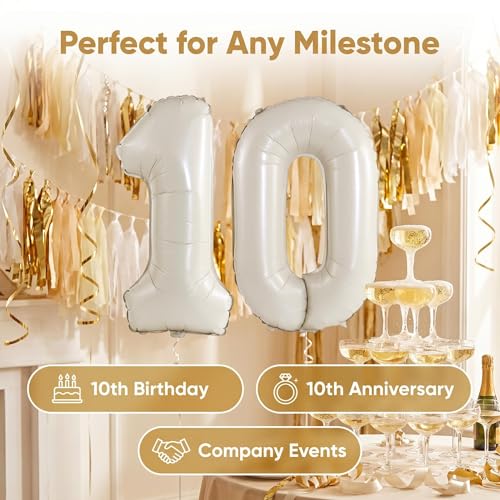 Image of Number 10 Balloon Foil Mylar Balloons for Birthday Party Decoration (Ivory, 32 Inch)