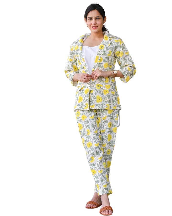 Leriya Fashion Women's Rayon Floral Ethnic Co Ord Set| Kurta Pant Set Kurti Set (Small, Yellow) Lf-K-W1785&Tr844