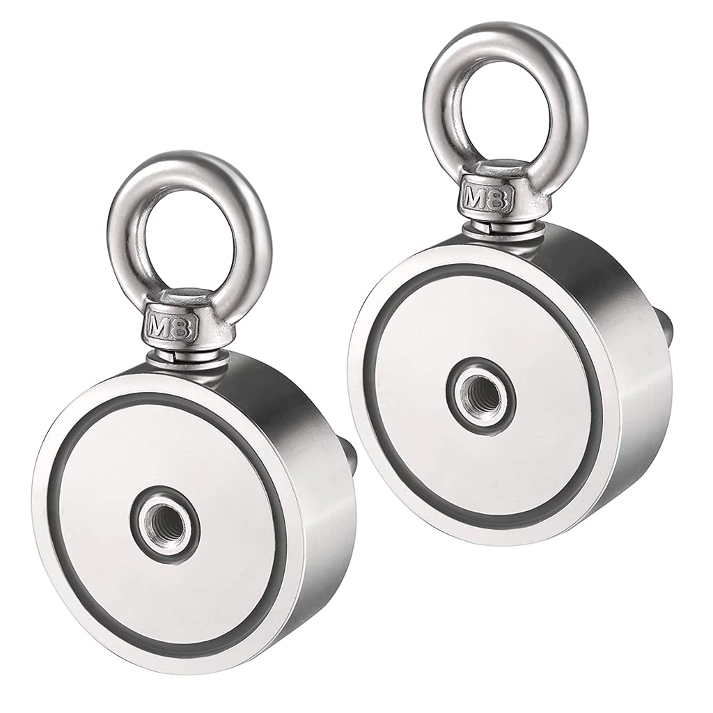 2 Pack Super Strong Neodymium Fishing Magnets - Double Sided Neodymium Rare Earth Magnet 450 lbs(204 KG) Combined Pulling Force for Retrieving in River and Magnetic Fishing, Diameter 1.88 inch(48mm)