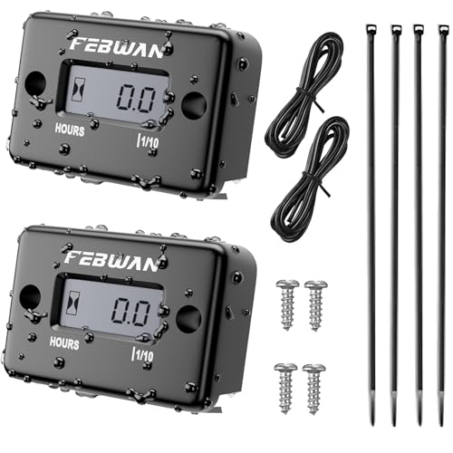 FEBWAN Inductive Hour Meter for Gas Engine Generator Lawn Mower Pressure Washer Marine ATV Boat Outboard Motor Dirt Bike Motorcycle LCD Digital Hour Counter Waterproof Hr Meters (Black 2 Pack)