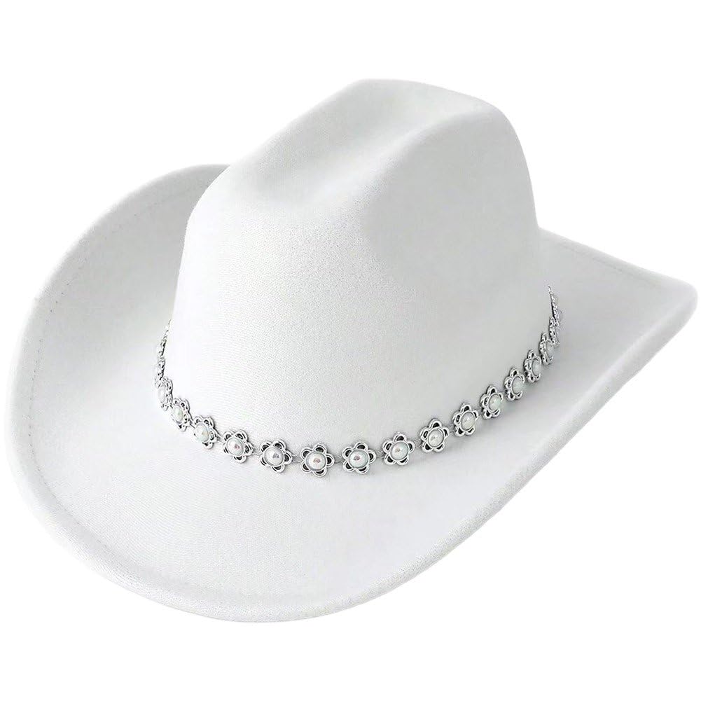 Sofezdo Adult Cowboy Hat Wide Brim Cowgirl Hat with Pearl Flower Embellished Sun Protection Derby Hat for Travel Vacation Carnival