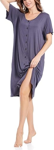 Miniatura 3 de CHUNG Camisón de mujer de ajuste holgado, con botones en la parte delantera, pijama de manga corta, ropa de dormir debajo de la rodilla