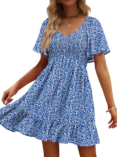 Image of UEAL Womens Cute Floral Smocked V Neck Flutter Sleeve Sundress with Pockets Casual Spring Summer Dresses for Women 2026