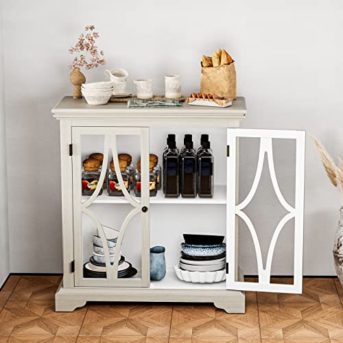 Hompus Buffet Sideboard Cabinet With Glass Door, Accent Storage Cabinet With Door And Shelf, Modern Vintage Coffee Bar Cabinet With White Grain Finish For Kitchen, Dining Room, Living Room, Bedroom #TOP3