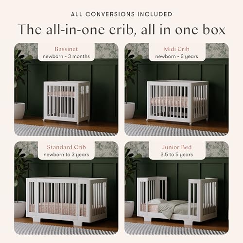 Image of Babyletto Yuzu Convertible All-Stages Bassinet, Midi, Full-Size Crib in White, Greenguard Gold Certified, Portable & Adjustable with Conversion Kits and Pads Included