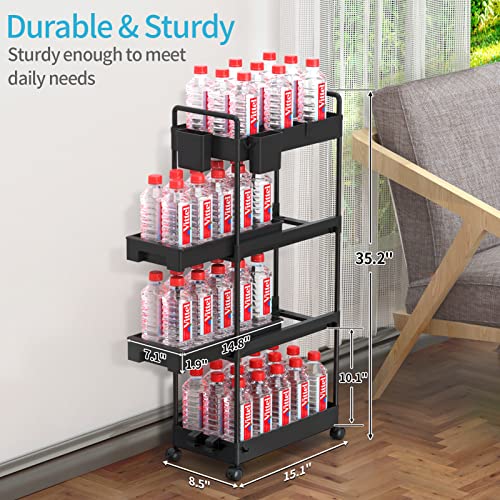 Spacekeeper 4-Tier Rolling Storage Cart, Slide Out Bathroom Organizer Mobile Shelving Unit Laundry Room Storage With Brake Wheels, Hanging Cups, Dividers For Kitchen Bathroom Narrow Spaces, Black #TOP2