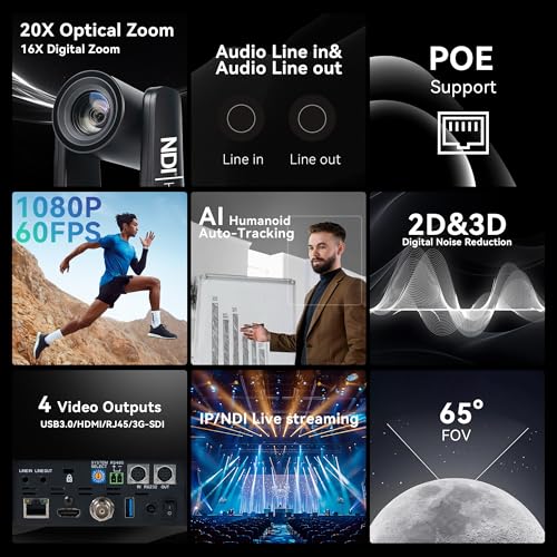 Image of TONGVEO NDI PTZ Camera with AI Auto-Tracking: 20X Optical Zoom HDMI SDI USB PoE IP 1080P 60fps Video Camera for Live Streaming Conference Room Webcam for Church Worship, OBS