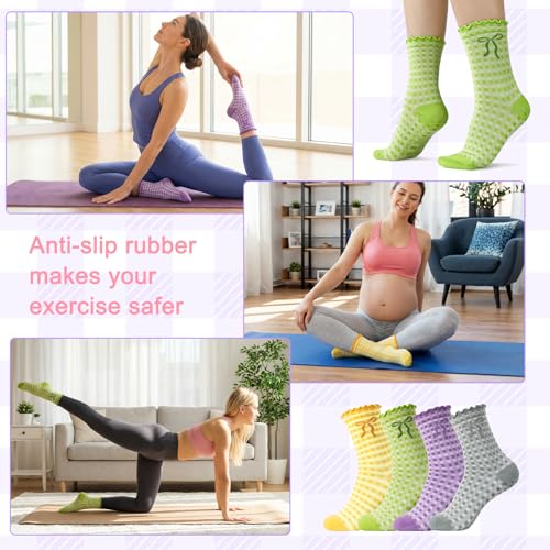 Image of 4 Pairs Women Cute Pilates Socks Non Slip Ruffle Yoga Socks for Women Dance Gym Exercise Embroidery Pattern