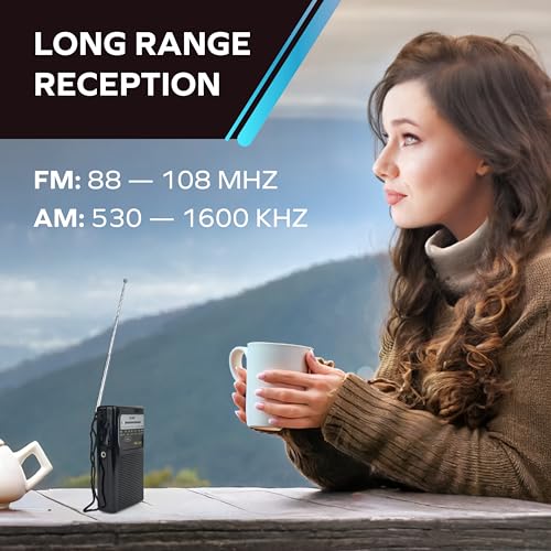 Coby Rádio Portátil AM FM, de Bolso, Bateria de 800 Horas, Mini Antena Interna e Externa, Emergência