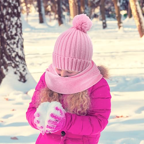 Image of JaGely 2 Sets Kids Winter Hat Gloves Scarf Set Girls and Boys Knit Hat with Pom Warm Scarf Snow Gloves for 3-10 Years Toddler