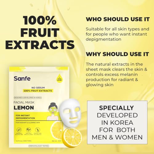 Image of Sanfe Face Sheet Mask Shade- Lemon | Brightening & Hydrating Care for Dull Skin | Oil Control Formula for Oily-Skin| Reduces Pigmentation | 25ml | Pack of 3