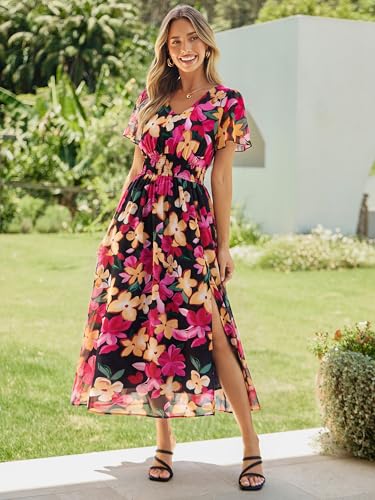 Simplee Womens Summer Boho Floral Maxi Dress Spring V Neck Empire Waist Side Slit Wedding Guest Party Beach Vacation Long Dresses Black Rose — view 5