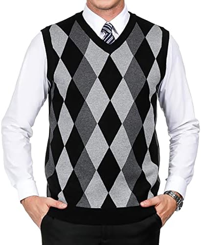 PJ PAUL JONES Mens Argyle Sweater Vest Slim Fit V-Neck Lightweight Pullover Vest Black L