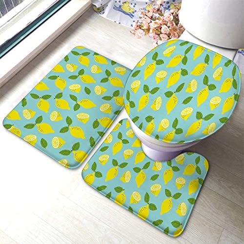 Badezimmerteppich-Set, 3-teilig, gelbe Zitrone, Zitrusfrüchte, grüne Blätter, waschbare Badeteppiche, rutschfest, mit Rückenpolster, Konturteppich und Toilettendeckelbezug