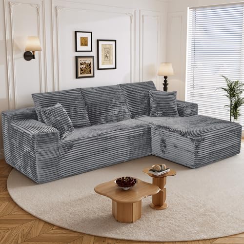 Image of 108 inch L Shaped Boneless Sectional Couches for Living Room, Comfy Corduroy Floor Cloud Sofa with Chaise, Wide Armrest, Deep Seat, Memory Foam, Assembly Free, Ideal for Small Spaces, Grey