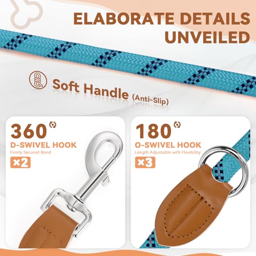 Hundeleine 3 M Verstellbare Schleppleine für Mittel- & Großhunde(20-60kg), Reflektierende Freihandleine mit 2 Karabiner, Doppelleine aus Robustem Nylon, 200 kg Extreme Kraft