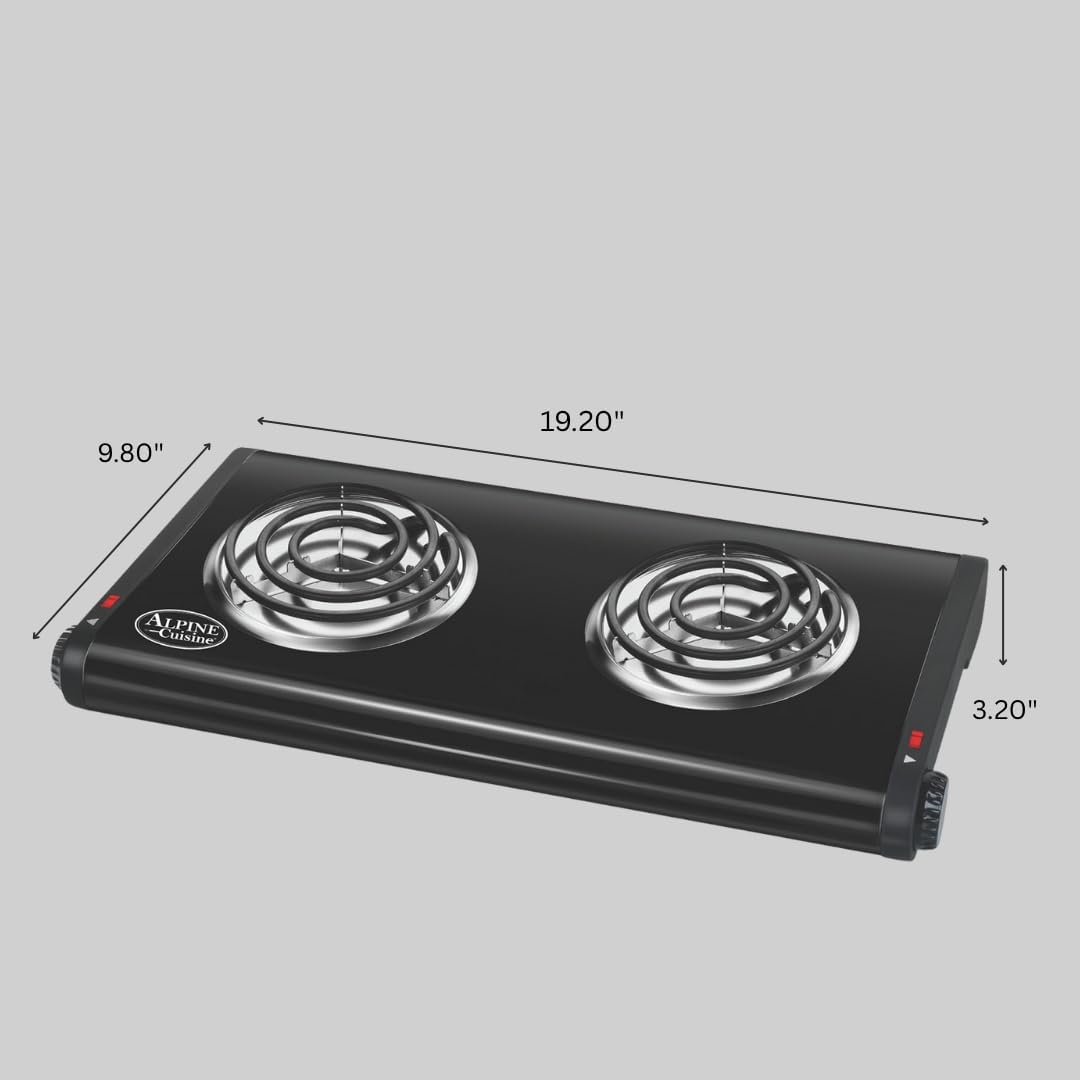 ALPINE CUISINE Electric Double Burner, 1500W, Dual Plate Portable Hot Plate for Indoor Cooking, Adjustable Temperature Control, Compact Design, 120V, Ideal for Home, Dorm, RV, or Travel Use
