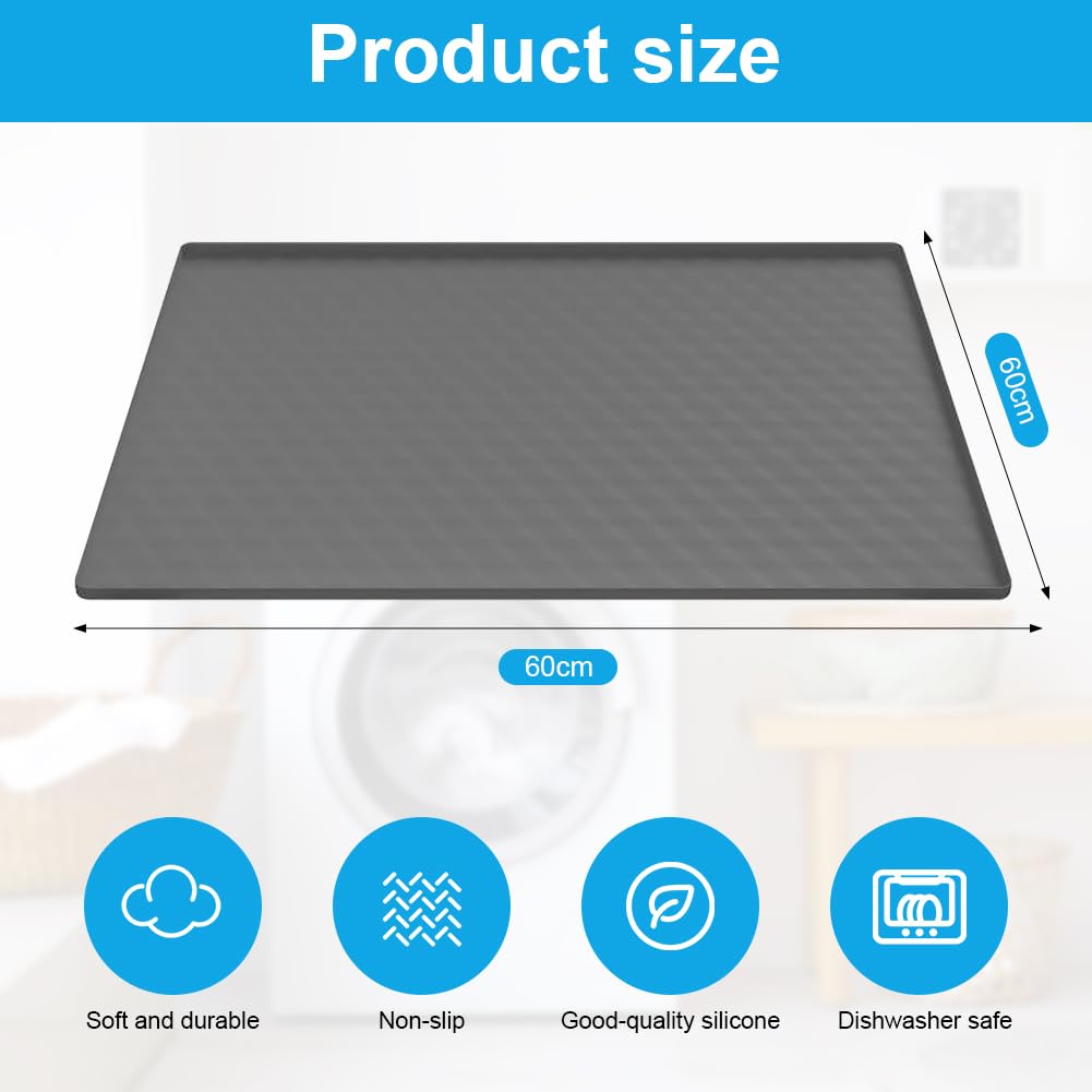 DASIAUTOEM Kühlschrankmatte, Tropfschale Kühlschrank 60 x 60cm Silikon Kühlschrankmatten mit Erhöhtem Rand, Bodenmatte Tropfschale Waschmaschine Bodenschutz für Trockner Waschmaschine Tische (Grau)