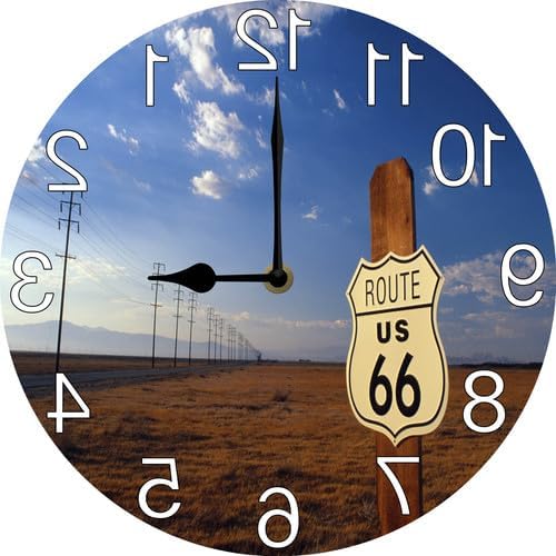 Vdenvileye Route 66 Reverse Wall Clock Counterclockwise Wall Clock Backwards Running Time Mirrored Wooden Clocks Funny Gift for Man Cave Garage Decor 25 CM Silent Battery Operated