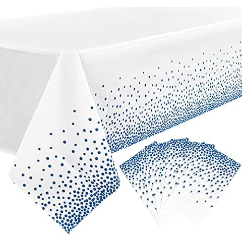 YMHPRIDE 4 Pack Kunststoff Party Tischdecke 54x108 Zoll weiß und blau rechteckige Tischdecke, Blaue Punkt Konfetti Einweg-Tischdecke für Geburtstag Party Weihnachten Feier Veranstaltung Dekorationen Cover