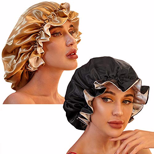 Satin Bonnet for Curly Hair, Silk Bonnets for Black Women Satin Bonnet for Natural Hair Bonnets for Sleeping (Khaki/Black)