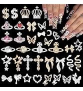 105Pcs Silver+Gold Nail Gems Charms, Planet Crown Dollar Snake Dangle Star Bow Nail Charms 3D Nai...