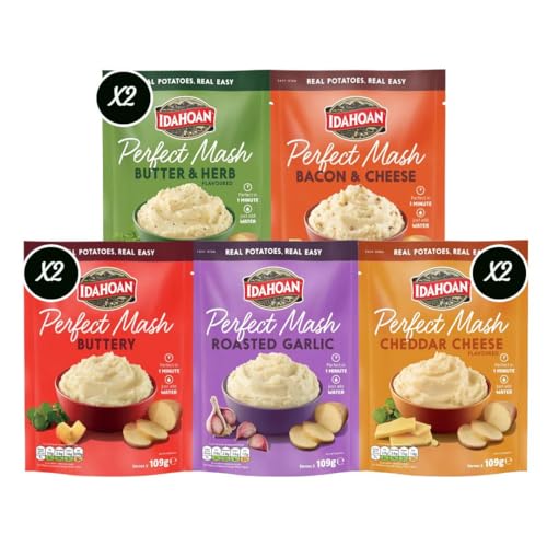 Idahoan Perfect Mash Potato Variety Pack of 8 x 109g - Instant Mashed Potato Family Pack Butter & Herb, Buttery, Bacon & Cheese, Roasted Garlic, Cheddar Cheese Mashed Potaoes Cooks in 1 Minute