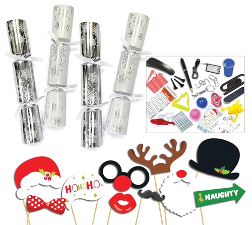 Diamond 50 x 12 Silver & White Snowflakes Catering Christmas and New Year Party Crackers with Premium content + 50pcs of party photo booth props on sticks