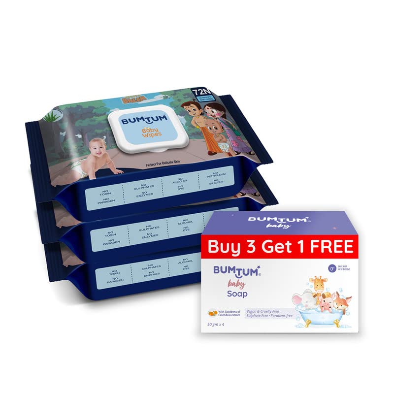 Image of Bumtum Chota Bheem Gentle Soft Moisturizing Wet Wipes With Lid - 216 Pcs.(Pack of 3) & Baby Soap (4N x 50 Gram) Combo