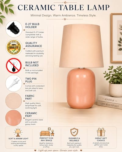 Image of Homesake Modern Small Ceramic Table Lamp, Classic Bedside Desk lamp for Living Room Bedroom, Farmhouse Nightstand Lamps with Pink Fabric Shade (Dovel Pink)