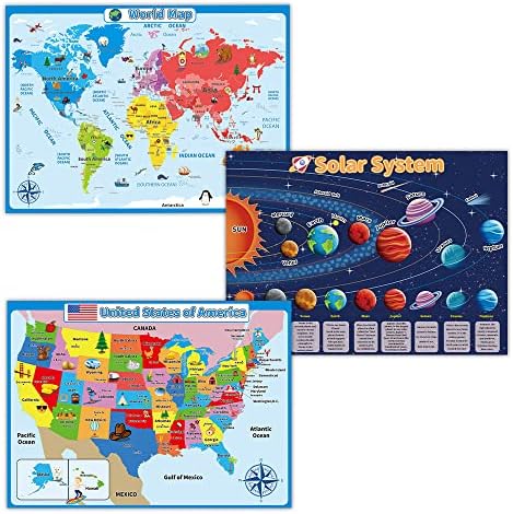 3 Pack World Map Poster & USA Map & Solar System Posters for Kids, United States Map Double Side Educational Posters for Elementary Classroom Decorations Teacher Supplies 17.3 x 24 inch