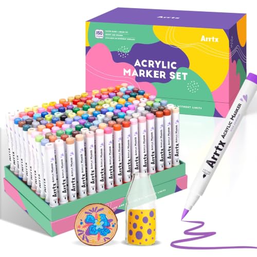 Arrtx 150 Colors Markers Paint Pens, Acrylic Paint Pens for Artists Adults Coloring Drawing Cartoon Anime Comic - Brush Tip for Rock Painting, Wood, Canvas, DIY Crafts Making Art Supplies An