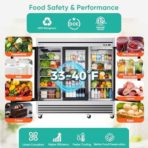 Image of COOLCHEF 81 inch Commercial Glass Door Refrigerator, 72 Cu.Ft Triple-Door Reach-In Cooler, 33-40℉, Triple-Layer Low-E Glass, 12 Shelves, R290