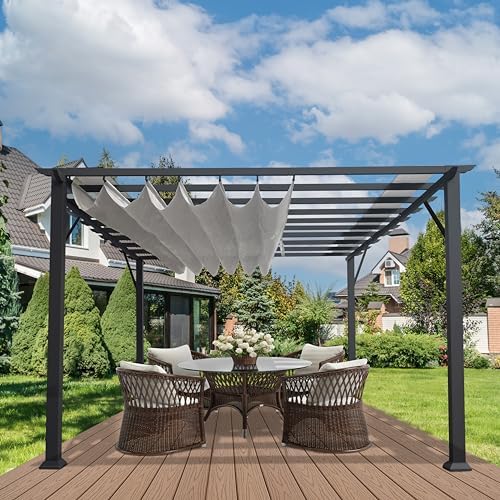 Paragon Outdoor 11’ x 16’ Florence Alumnum Pergola, Powder-Coated Aluminum Frame in Gray with Retractable Canopy in Silver for Backyard, Patio, Porch, Garden