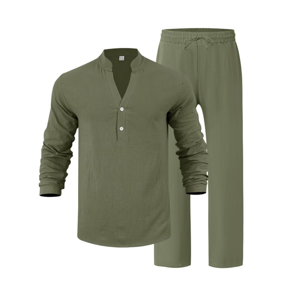 Tuta Uomo Completo Curvy Tuta Estiva Lino Camicia Maniche Lunghe e Pantaloni 2 Pezzi Set Leggera Tute Casual Completi Spiaggia
