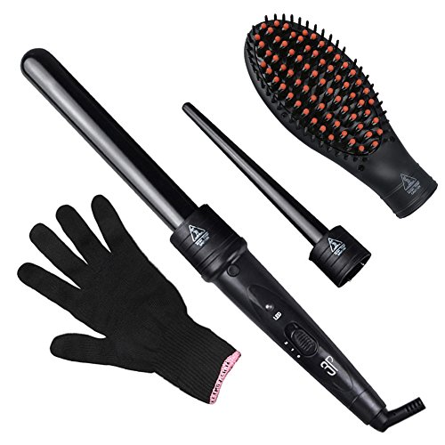 Zealite 3 in 1 Curling Iron Ceramic Wand Set with 2 Interchangeable Curling Wand Barrels and 1 Hair Straightener Brush + Heat Protective Glove