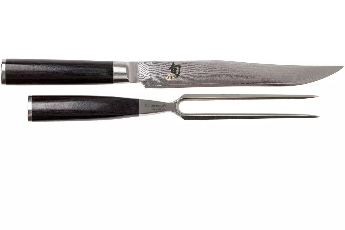 Shun KAI Classic japanisches Tranchier Set - Tranchiermesser 20 cm Klingenlänge Damast 32 Lagen VG MAX Kern - 61 (±1) HRC - Tranchiergabel 16,5 cm Zinken Edelstahl - Pakkaholzgriff schwarz