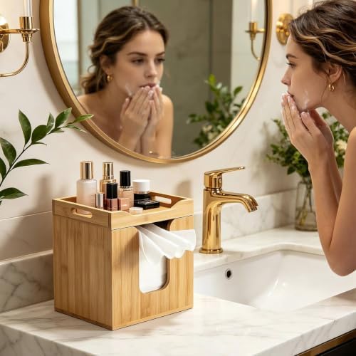 WSBArt 2PCS Bamboo Disposable Face Towel Holder with Tissue Box Cover, Open-Top Skin Care Organizer, Bathroom Countertop Vanity Storage for Facial Towels and Daily Paper Tissues - 1