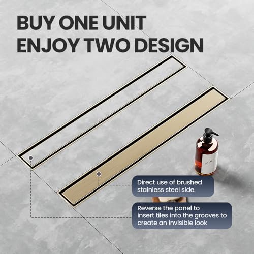 LISEEGO Linear Shower Drain 12 Inch Gold, Shower Drain with 2-in-1 Tile Insert Panel, Brushed AISI 304 Stainless Steel Linear Drain for Fast Drainage, Floor Drain for Bathroom, Kitchen, Garage & More by LISEEGO - Used condition - Image 3