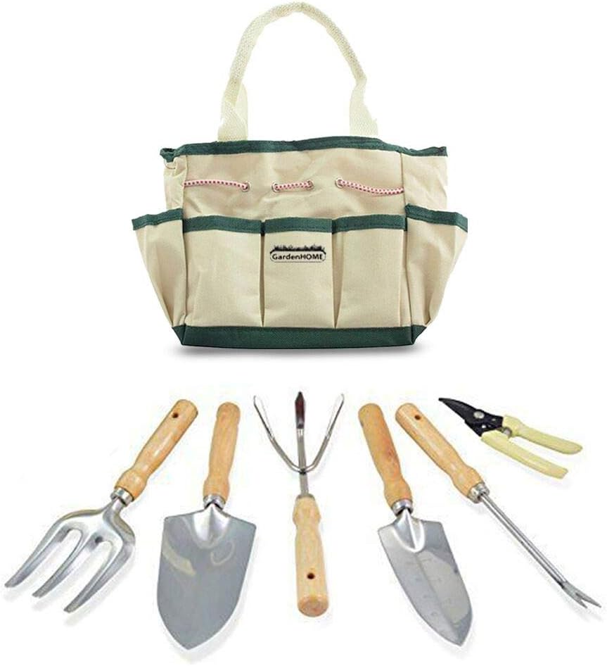 GardenHOME™ Garden Tool Set 7 Piece All-in-One- 5 Sturdy Stainless Steel Tools, Heavy Duty Folding Stool, Detachable Canvas Tool Bag