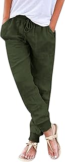 2025 - Pantalones de mujer, lino de algodón, cordón trasero, cintura elástica, pantalones casuales con bolsillos, pantalones de cadena para mujer