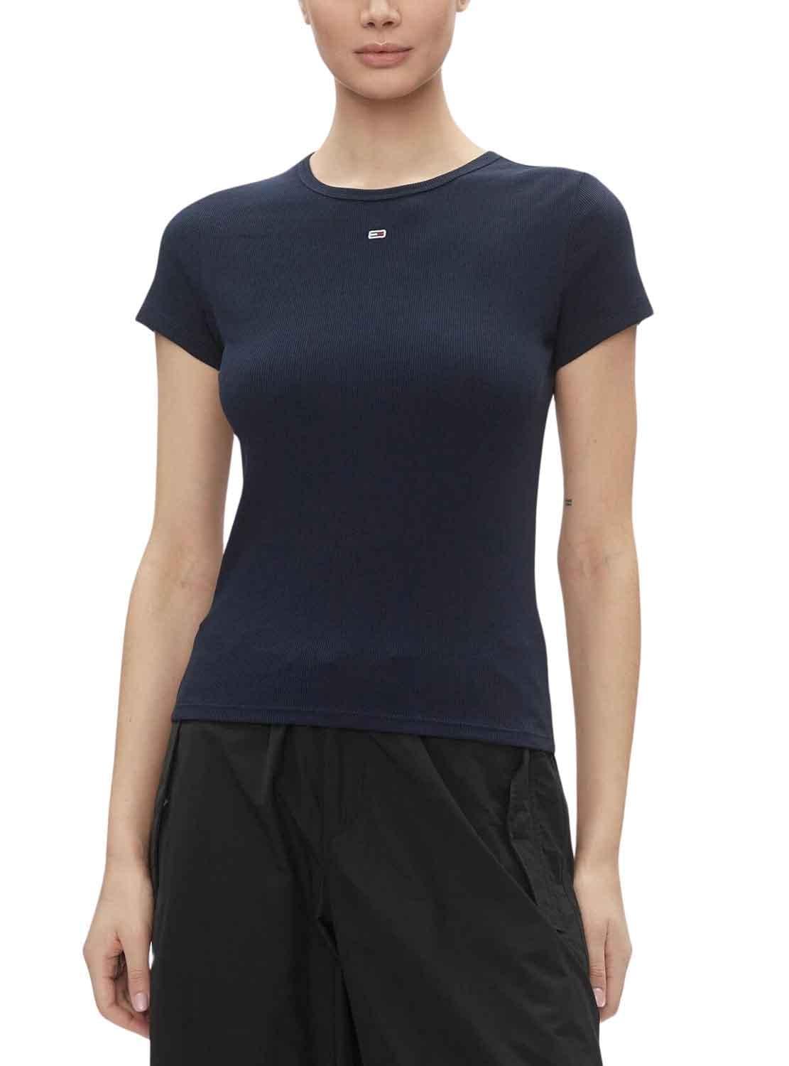 Tommy Jeans Women's Blue Short Sleeve Logo Ribbed T-Shirt in Size 16, Sports Direct